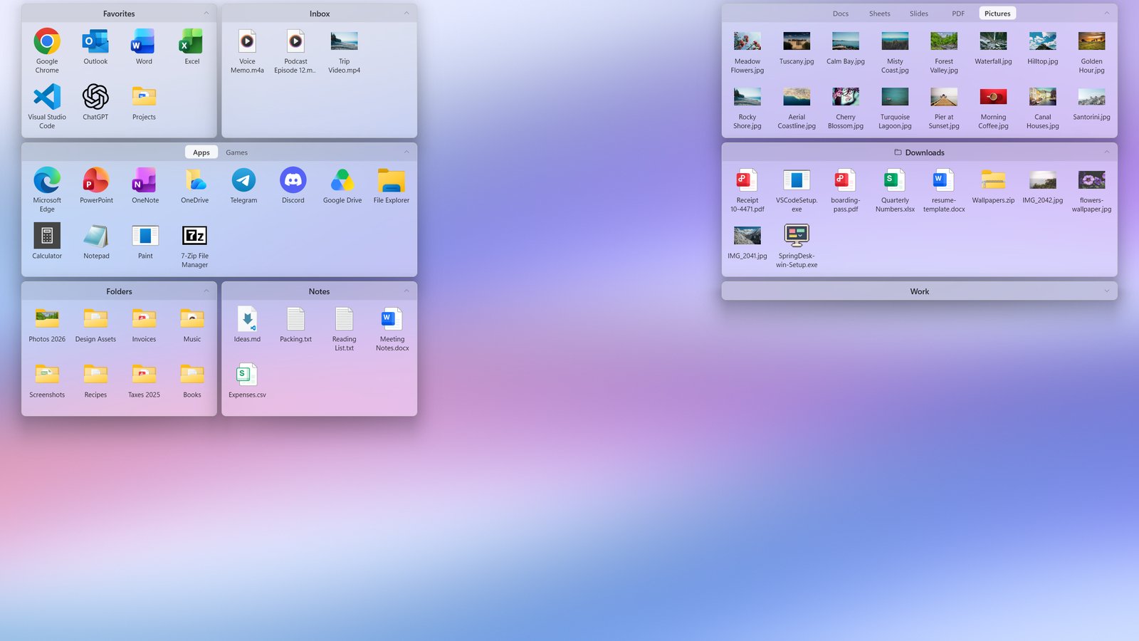 A tidy desktop: apps, files, folders and downloads in translucent boxes