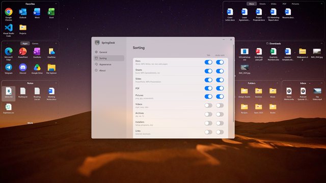 Sorting settings: a tab for each kind of file